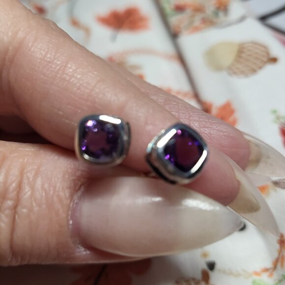 Amethyst Sterling Silver Square Studs - Picture 2 of 6
